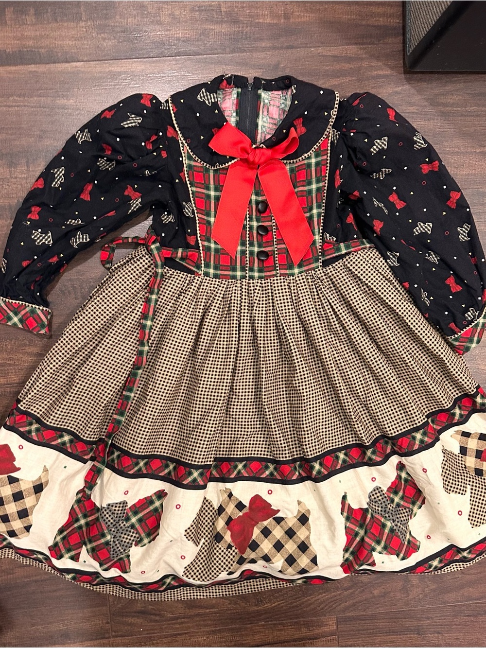 Kids Holiday Plaid Dress Costume with Red Bow